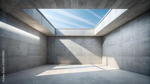 Awaiting Light: Minimalist Concrete Room with Soft Skylight Generative AI