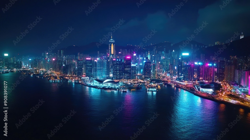 Aerial shot of the Hong Kong skyline from Kowloon side, highlighting the colorful lights and lively nightlife in a stunning night view Aerial shot of the Hong Kong skyline from Kowloon side, highlighting the colorful lights and lively nightlife in a stunning night view