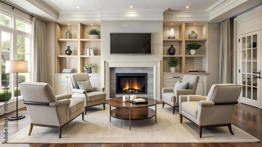 Fototapeta premium Transitional Living Room with Neutral Colors and a Modern Fireplace generative AI