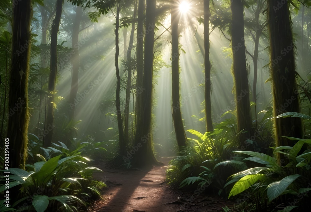 Sun rays in the forest morning in the jungle misty morning in the forest rays of light in forest Sun rays in the forest morning in the jungle misty morning in the forest rays of light in forest