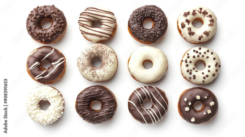 Assorted dark and white chocolate donuts arranged in a set, viewed from the top and isolated on a white background for a clean look Assorted dark and white chocolate donuts arranged in a set, viewed from the top and isolated on a white background for a clean look