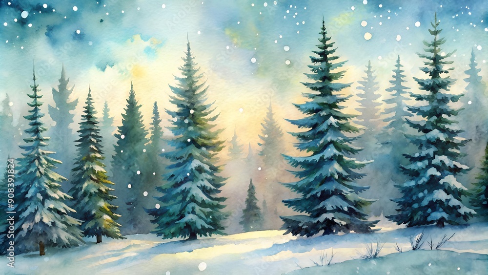 A Silent Symphony of Snow: A Watercolor Landscape of Fir Trees in a Winter Forest  AI Generated