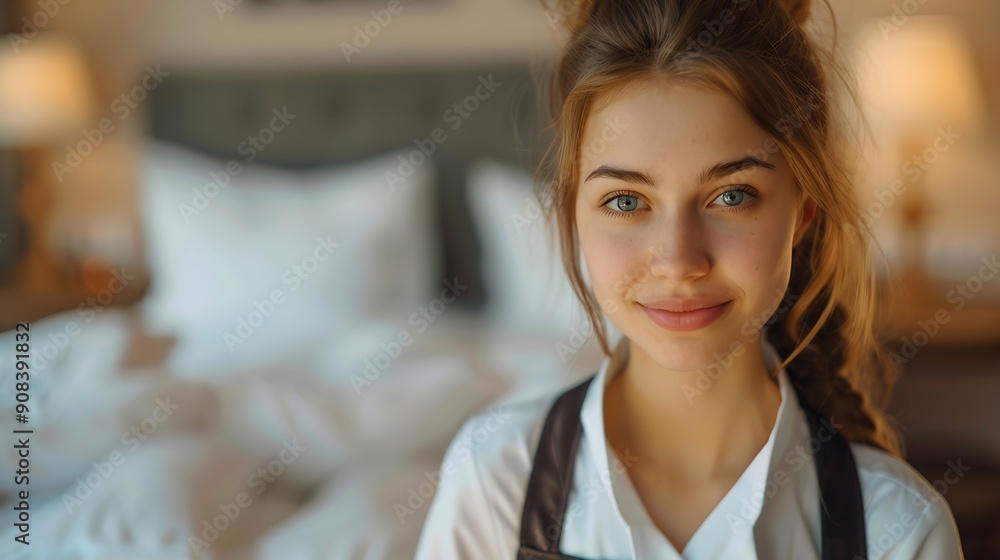 Busy by taking care of bed Young chambermaid is in hotel room : Generative AI Busy by taking care of bed Young chambermaid is in hotel room : Generative AI