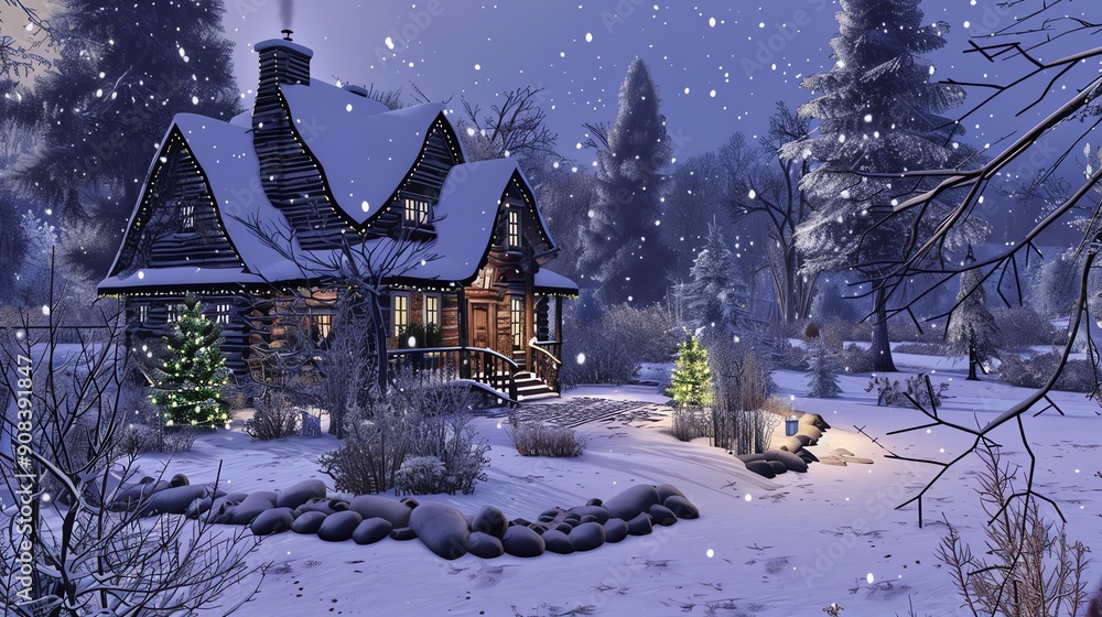 A cozy cabin in the woods with snow falling and a full moon in the background. A cozy cabin in the woods with snow falling and a full moon in the background.
