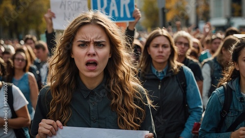 Passionate Woman Yelling at Rally Surrounded by Supporters in Urban Setting