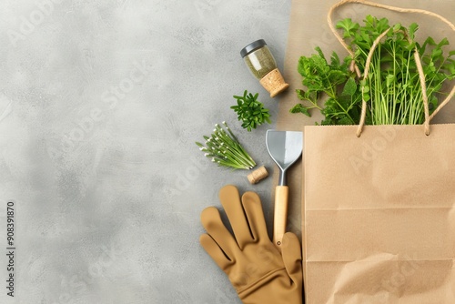 Gardening Supplies on a Grey Background Witi Copy Space photo