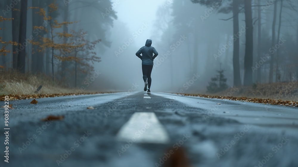 Man running on an empty road on the foggy morning with copy space : Generative AI Man running on an empty road on the foggy morning with copy space : Generative AI