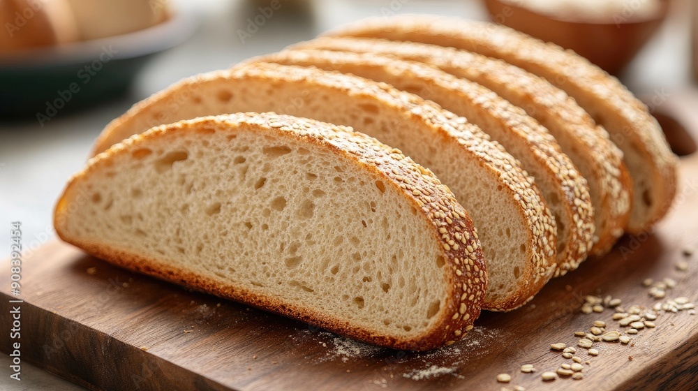 Close-up of cut wheat bread slices arranged on a wooden board, highlighting the rustic, traditional bakery feel and textured crust Close-up of cut wheat bread slices arranged on a wooden board, highlighting the rustic, traditional bakery feel and textured crust