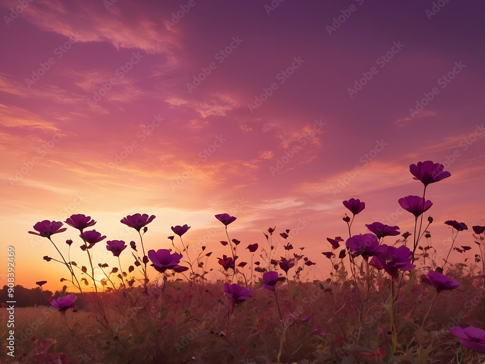 Obraz premium abstract glowing flowers behind the beautiful reddish purple sky at sunset