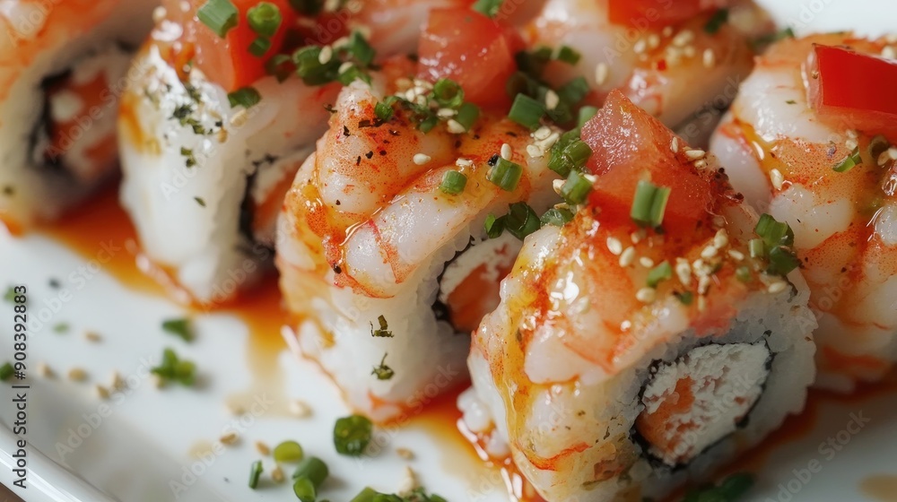 Close-up of sushi rolls with shrimp, cream cheese, and tomatoes, topped with spicy sauce, arranged on a white plate from above Close-up of sushi rolls with shrimp, cream cheese, and tomatoes, topped with spicy sauce, arranged on a white plate from above
