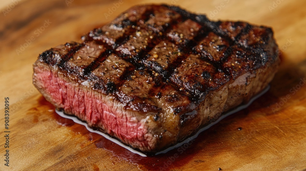 Close-up top-down view of a grilled medium rare beef steak on a wooden board, featuring its savory crust and succulent center Close-up top-down view of a grilled medium rare beef steak on a wooden board, featuring its savory crust and succulent center