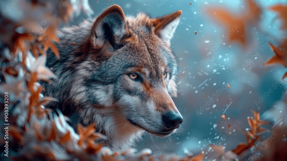 Fototapeta premium Close-up of wolf with glowing eyes surrounded by abstract patterns.