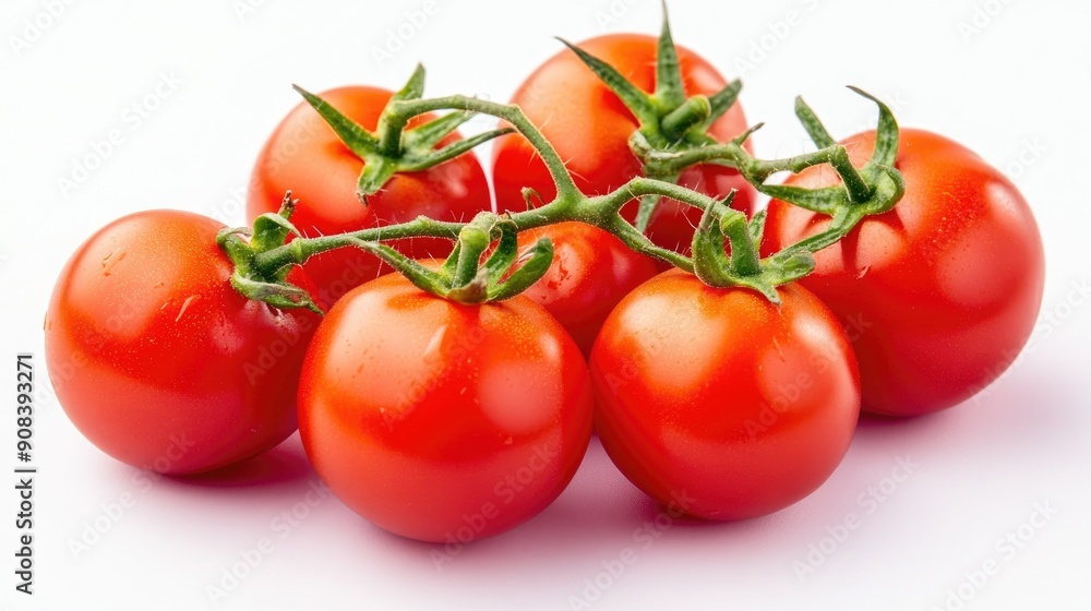 Crisp and fresh tomatoes on a white background, with vibrant red skin and green stems, close-up detail shot Crisp and fresh tomatoes on a white background, with vibrant red skin and green stems, close-up detail shot