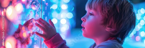 Autistic child engaging with colorful lights bubble tube in snoezelen therapy room photo