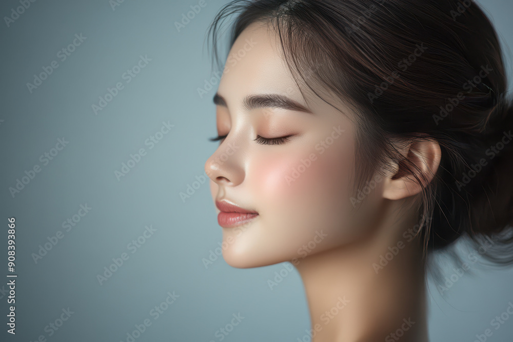 A close up of a girl's face with her eyes closed