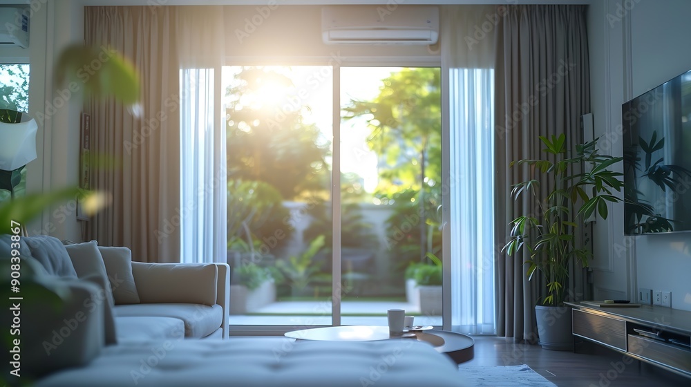 Blur living room at home with morning sunlight at big window for background usage blur interior background concept white britht tone : Generative AI Blur living room at home with morning sunlight at big window for background usage blur interior background concept white britht tone : Generative AI