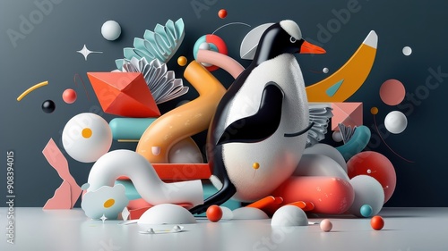 Playful penguin with neon outline waddling through abstract shapes.