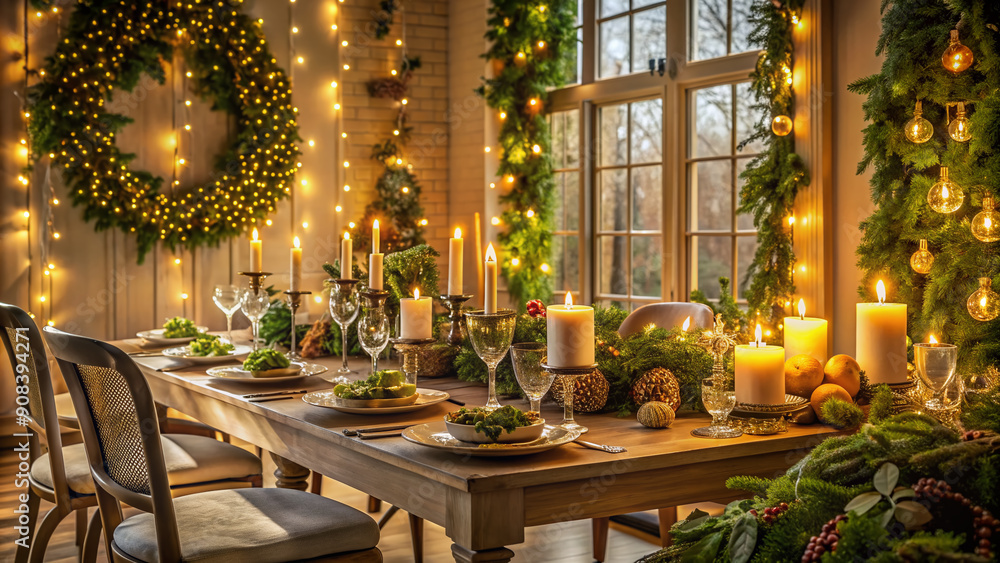 Cozy festive dining room with elegantly set table, adorned with candles, garland, and ornaments, surrounded by lush greenery and soft golden lighting.