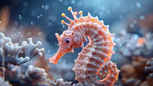 Close-up of seahorse with glowing eyes and abstract patterns. photo