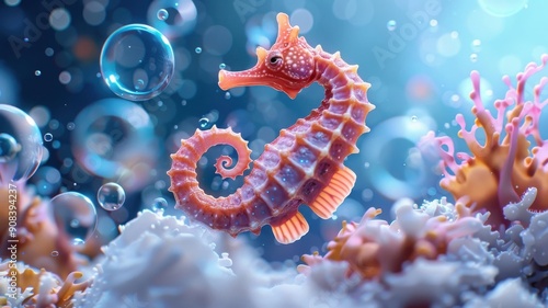 Playful seahorse dancing amidst neon bubbles with seaweed tail. photo