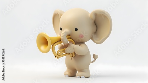 Adorable Clay Elephant Playing a Trumpet on Isolated White Background