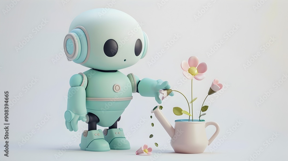Adorable Clay Robot Watering Flowers on Isolated White Background Adorable Clay Robot Watering Flowers on Isolated White Background