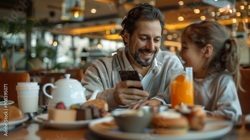 Happy father paying contactless with mobile phone while having breakfast with his family in a hotel : Generative AI