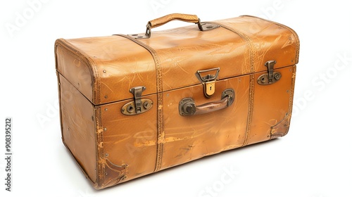 A vintage brown leather suitcase on a white background.