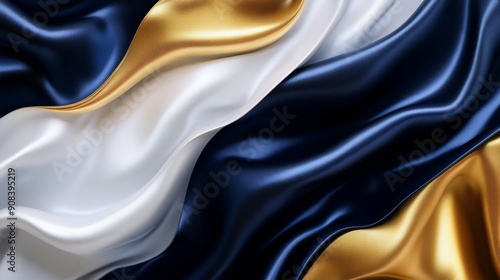 Elegant wave pattern in gold, white, and navy blue satin fabric. Luxurious texture and shimmering hues perfect for backgrounds and designs.