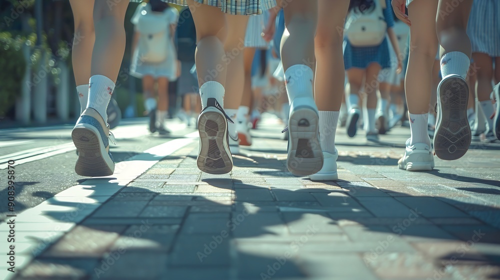 Fototapeta premium A horizontal shot of Japanese Junior High School Students Feet and Shadows : Generative AI