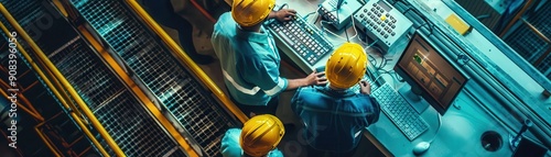 Closeup of employees in a nuclear facility during safety protocol training, top view, emphasizing rigorous training, cybernetic tone, Complementary Color Scheme