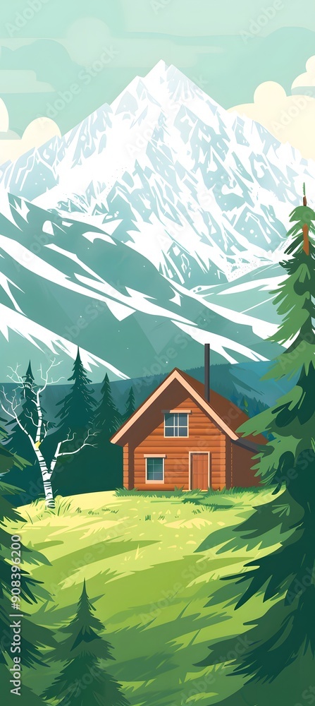 Fototapeta premium A serene landscape featuring a cozy cabin nestled among forested hills under a clear blue sky. The scene exudes tranquility and natural beauty, perfect for a peaceful retreat.