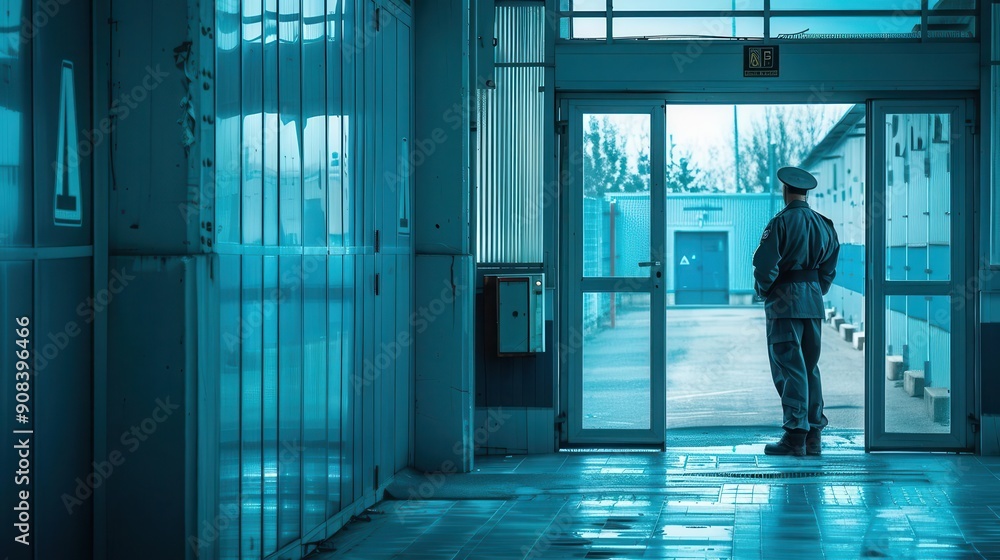 Guard standing at the entrance gate of a nuclear facility, side view, illustrating stringent security, digital tone, Analogous Color Scheme Guard standing at the entrance gate of a nuclear facility, side view, illustrating stringent security, digital tone, Analogous Color Scheme