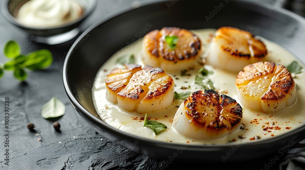 Fancy appetizer of grilled sea scallops in creamy sauce Roasted sea scallops in cheese espuma in ceramic bowl on black concrete background Seafood menu Delicatessen sea scallop on dark : Generative AI Fancy appetizer of grilled sea scallops in creamy sauce Roasted sea scallops in cheese espuma in ceramic bowl on black concrete background Seafood menu Delicatessen sea scallop on dark : Generative AI