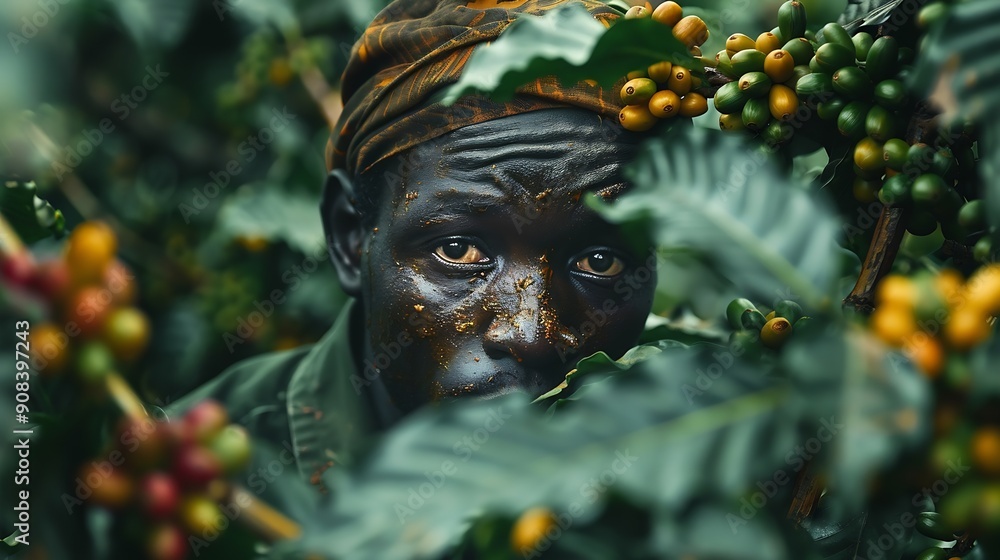African worker is gathering coffee beans on plantation in bushy wood : Generative AI African worker is gathering coffee beans on plantation in bushy wood : Generative AI