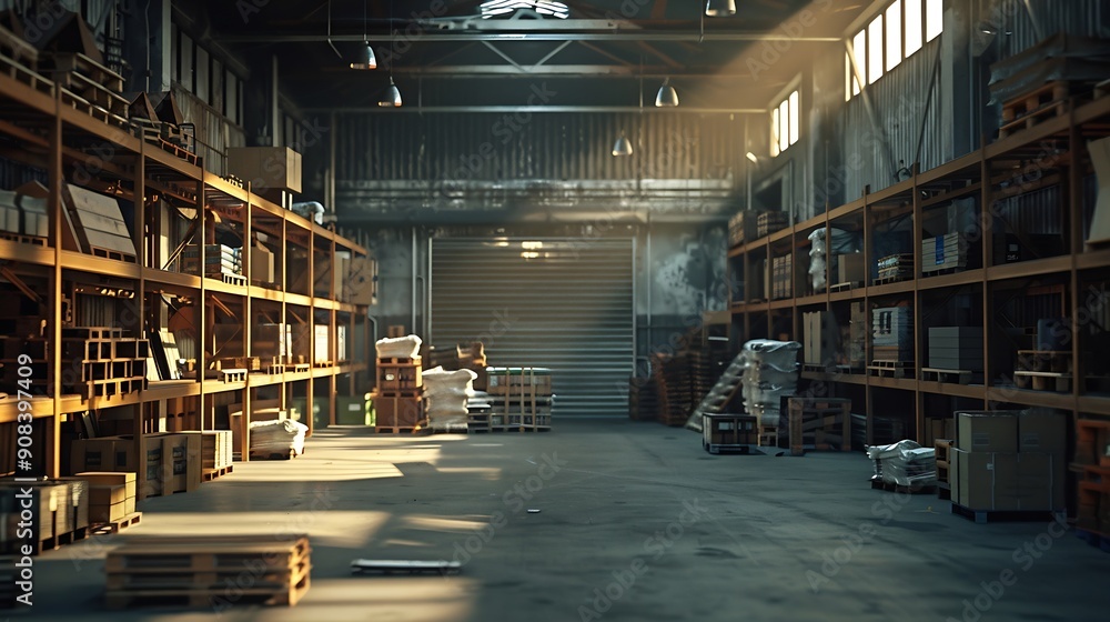 Empty warehouse interior with shelves pallets boxes and equipment : Generative AI Empty warehouse interior with shelves pallets boxes and equipment : Generative AI