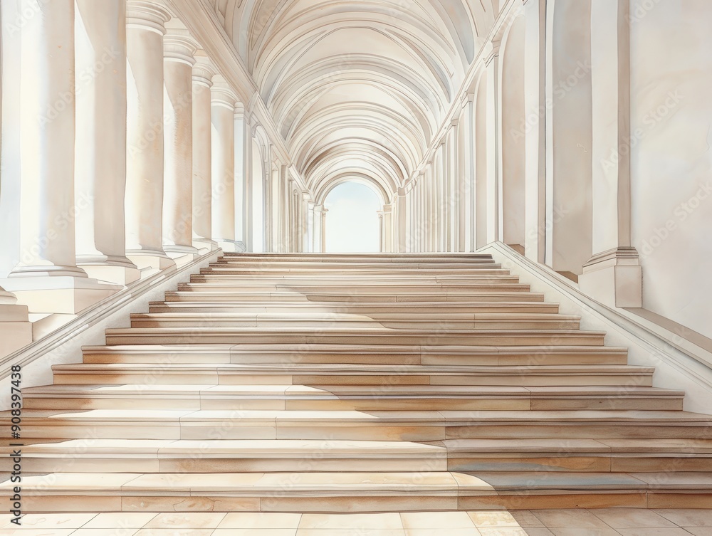 Fototapeta premium A serene staircase with elegant columns and soft lighting, creating a peaceful and inviting atmosphere.