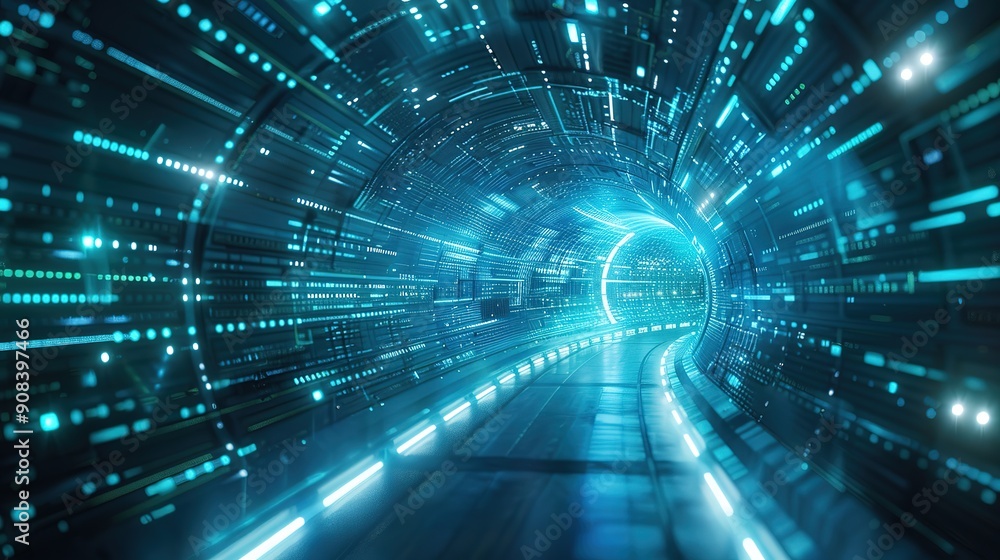 Abstract door in tunnel with digital data center light signals. Future computer technology concept of cyber gate in cyberspace or metaverse. Fantasy cyber door or portal in data center. Tech banner. Abstract door in tunnel with digital data center light signals. Future computer technology concept of cyber gate in cyberspace or metaverse. Fantasy cyber door or portal in data center. Tech banner.
