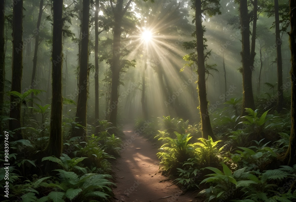 Sun rays in the forest morning in the jungle misty morning in the forest rays of light in forest Sun rays in the forest morning in the jungle misty morning in the forest rays of light in forest