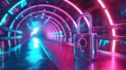 Image of security padlock icon over neon glowing tunnel in seamless pattern. Cyber security and business technology concept