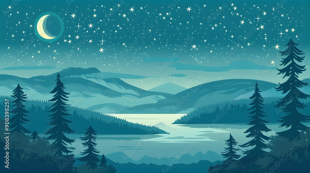 Obraz premium A serene night landscape with a full moon, stars, mountains, trees, and a reflective lake. The tranquil scene captures the beauty of nature under the night sky.