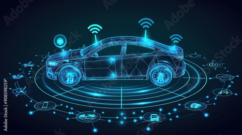 In the Future hybrid car, car connects graphic icon control system traffic information,  global network connection,