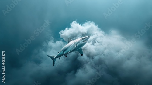 Dramatic shark emerging from smoke with glowing teeth. photo