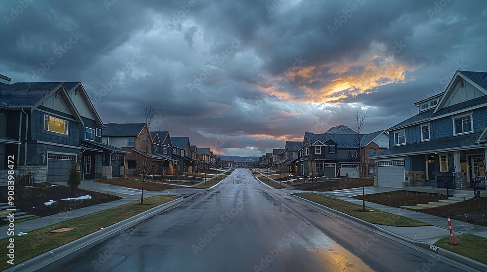 Pamorama of a row of newly built homes on a new street under a stormy sky : Generative AI Pamorama of a row of newly built homes on a new street under a stormy sky : Generative AI