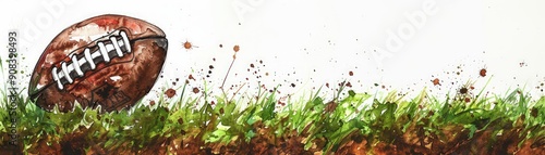 A football is on a grassy field with a splash of color