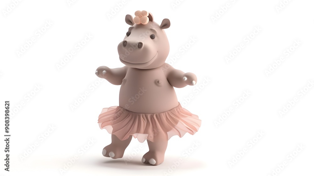 Naklejka premium Adorable Clay Hippo Wearing Tutu Dancing in Pastel 3D Art Style