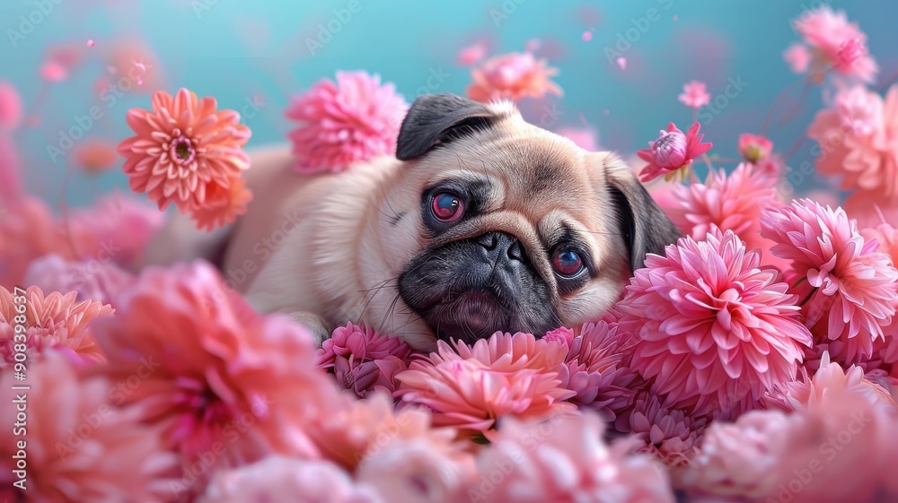 Fototapeta premium Photorealistic pug puppy with iridescent fur nestled on neon flowers.