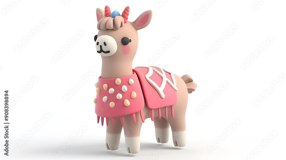 Adorable Pastel 3D Clay Llama Figurine with Cozy Blanket on White Background Adorable Pastel 3D Clay Llama Figurine with Cozy Blanket on White Background