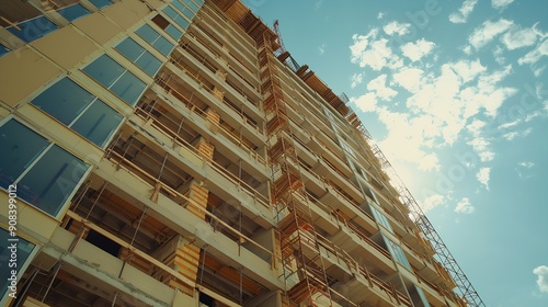 Under construction residential building with Cream color exterior view Highrise under construction building with modern design and black glass windows under construction skyscraper wit : Generative AI