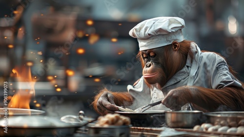 Humorous orangutan in chef's hat attempting to cook a meal. photo